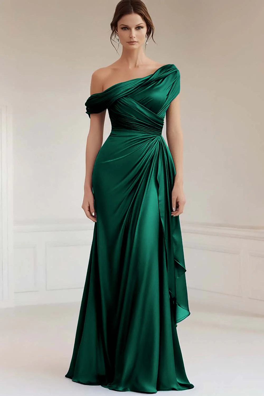 Grey Blue One Shoulder Satin Ruched Evening Dress with Ruffles - Image 6