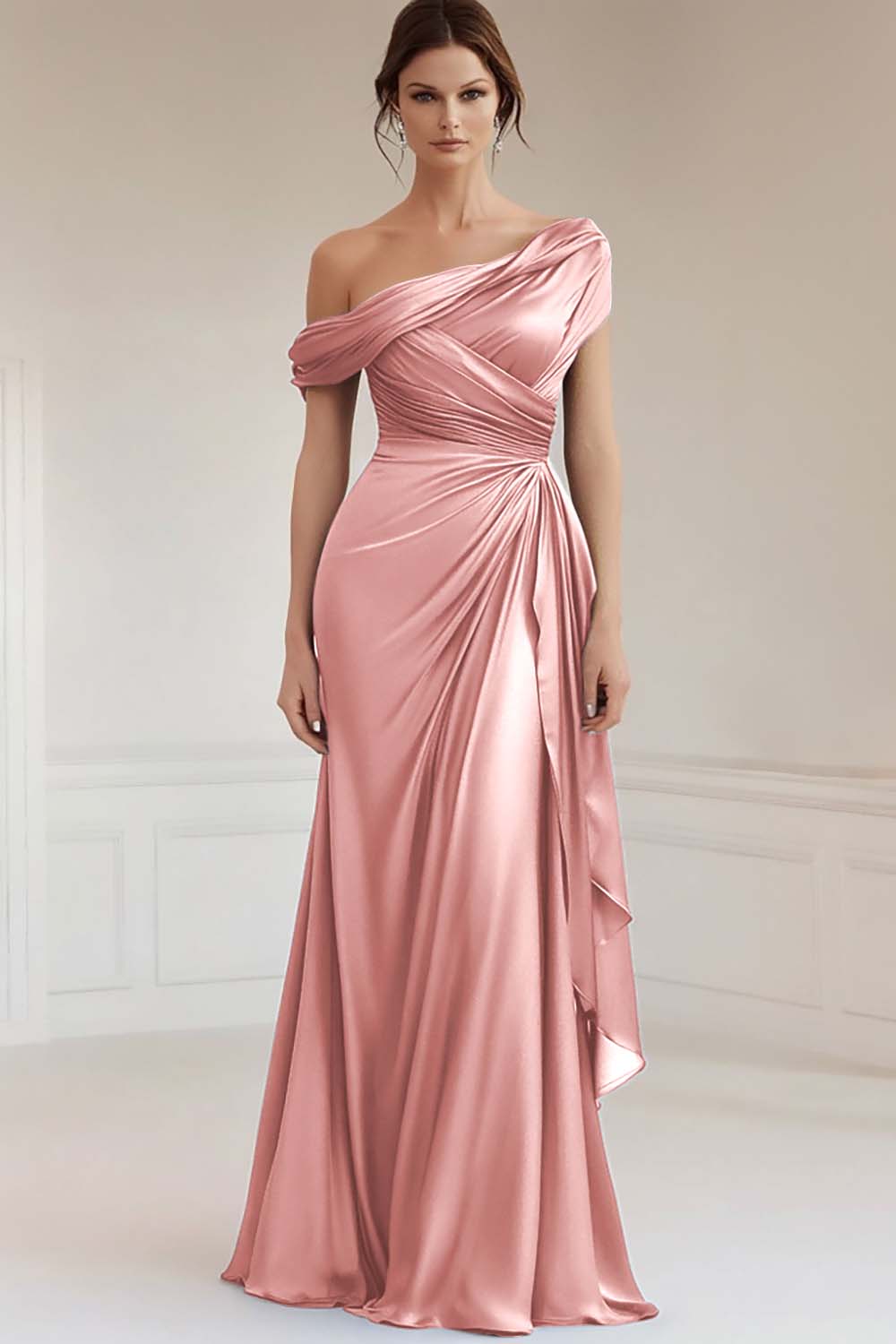 Grey Blue One Shoulder Satin Ruched Evening Dress with Ruffles - Image 7