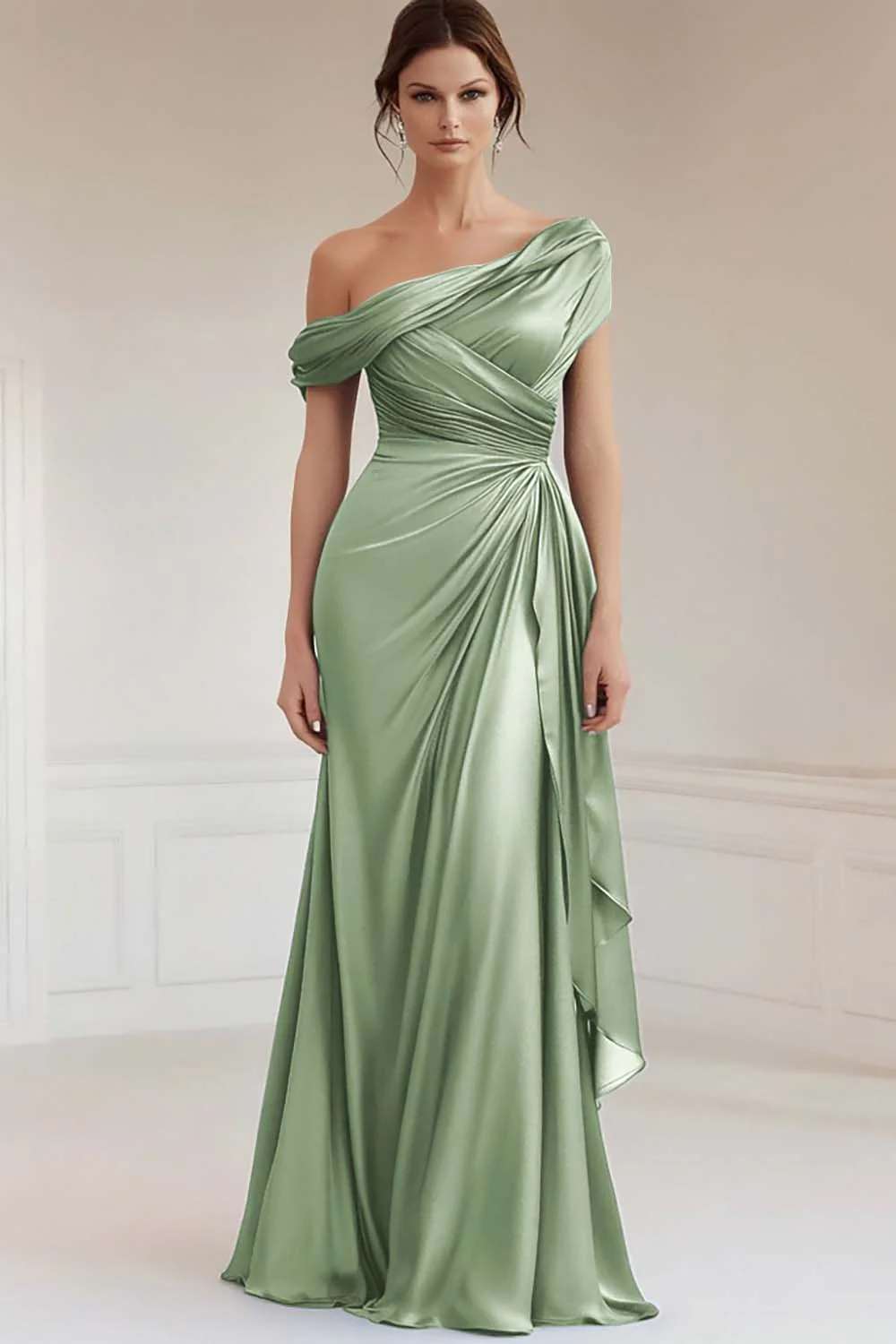 Grey Blue One Shoulder Satin Ruched Evening Dress with Ruffles - Image 8