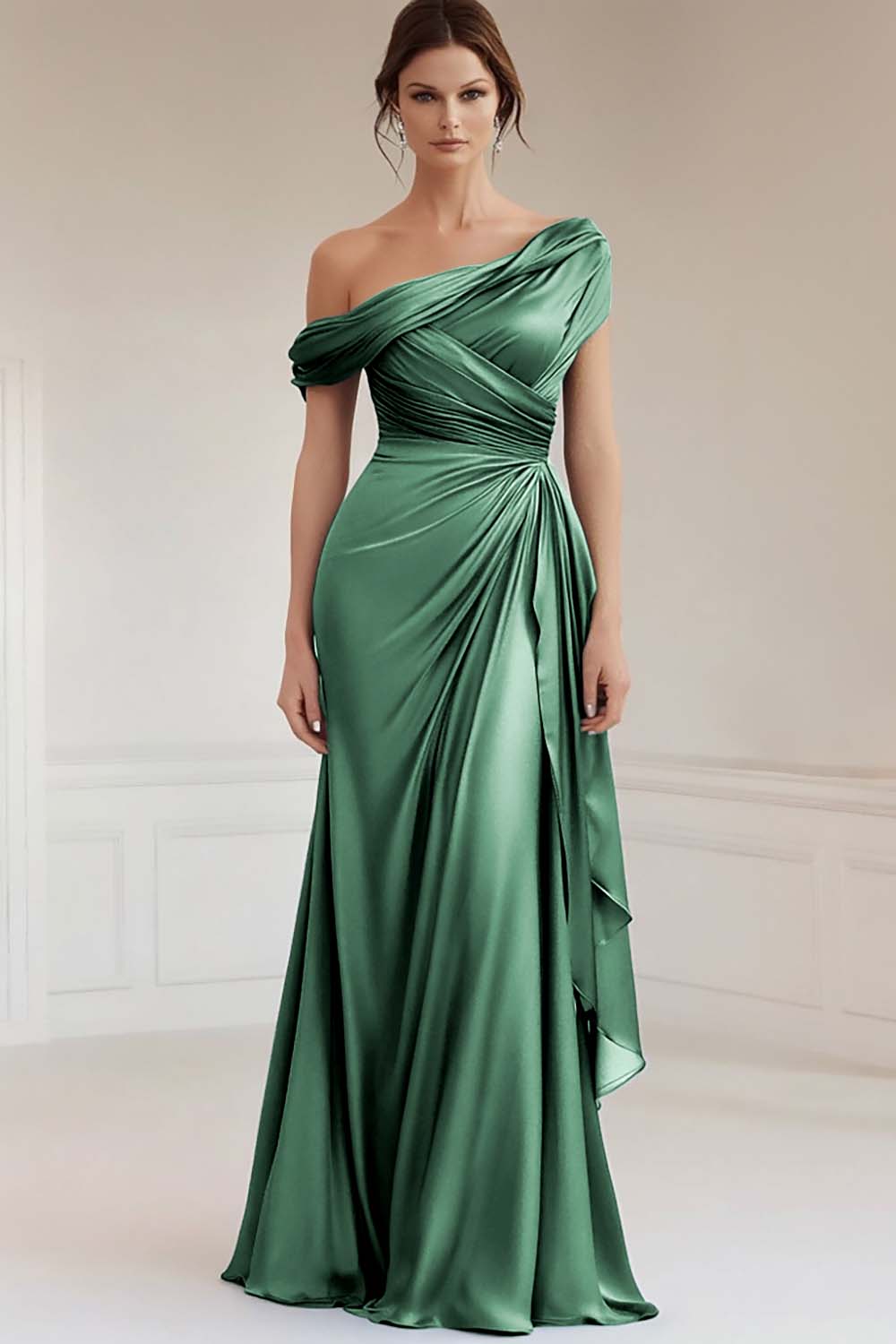 Grey Blue One Shoulder Satin Ruched Evening Dress with Ruffles - Image 9