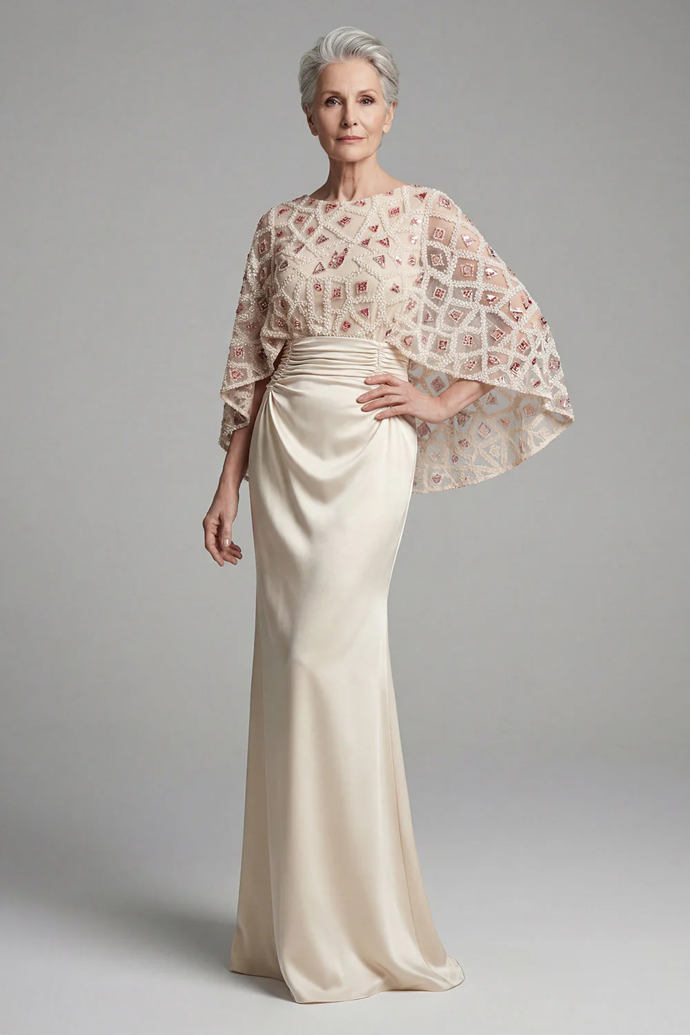 Mermaid Ivory Beaded Boat Neck Long Mother of the Bride Dress