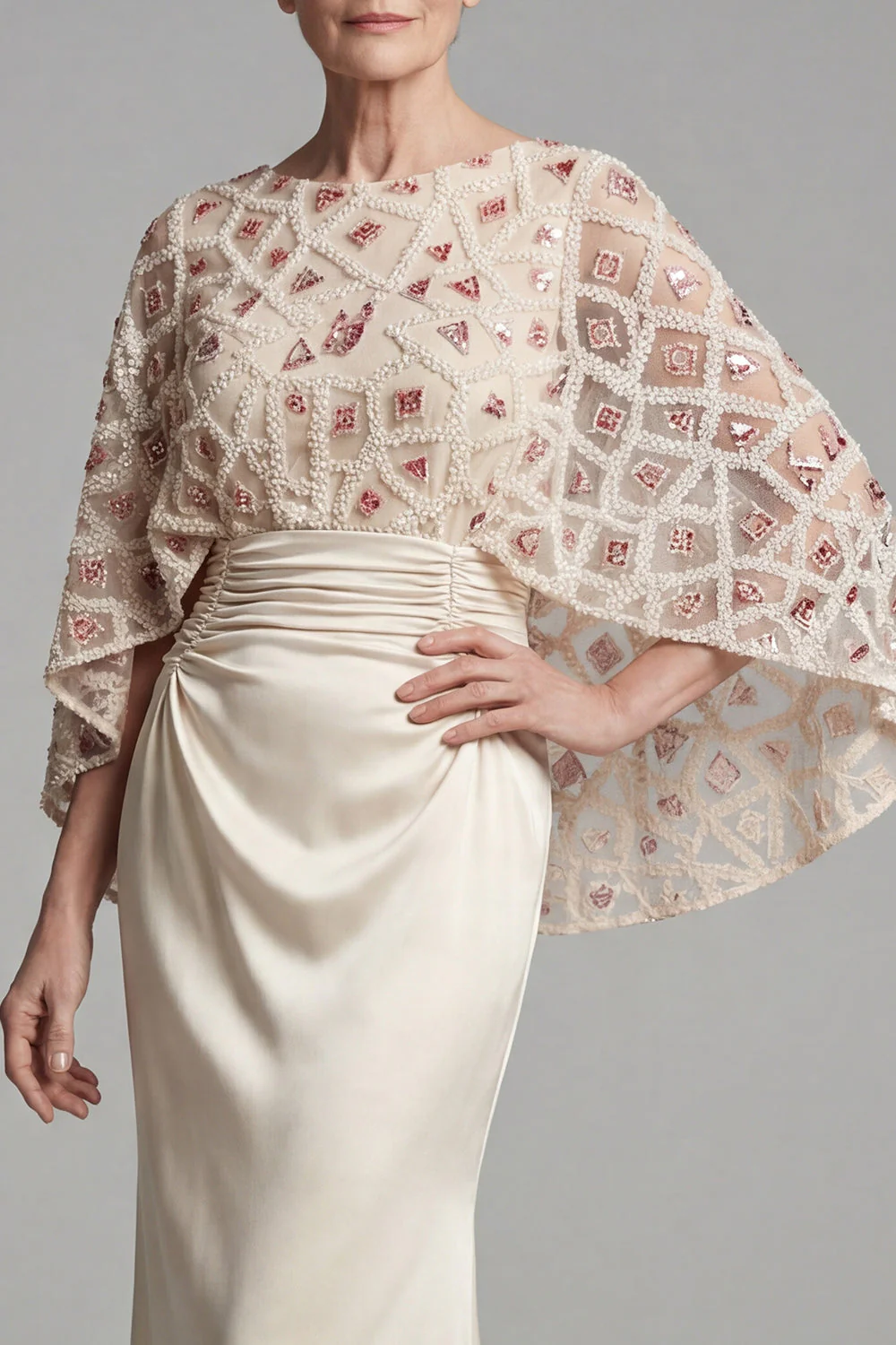 Mermaid Ivory Beaded Boat Neck Long Mother of the Bride Dress - Image 3