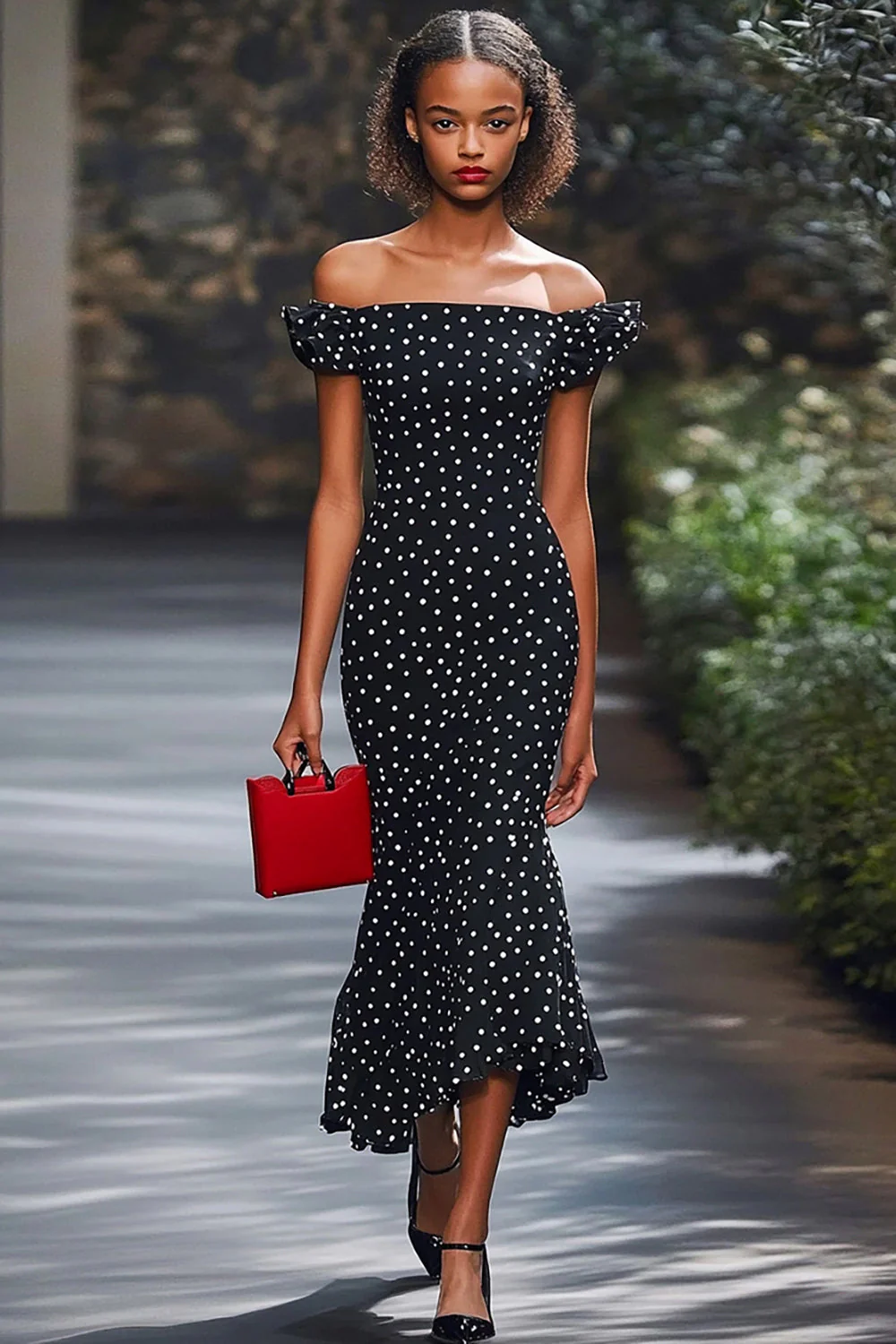 Mermaid Off The Shoulder Black White Polka Dots Dress
