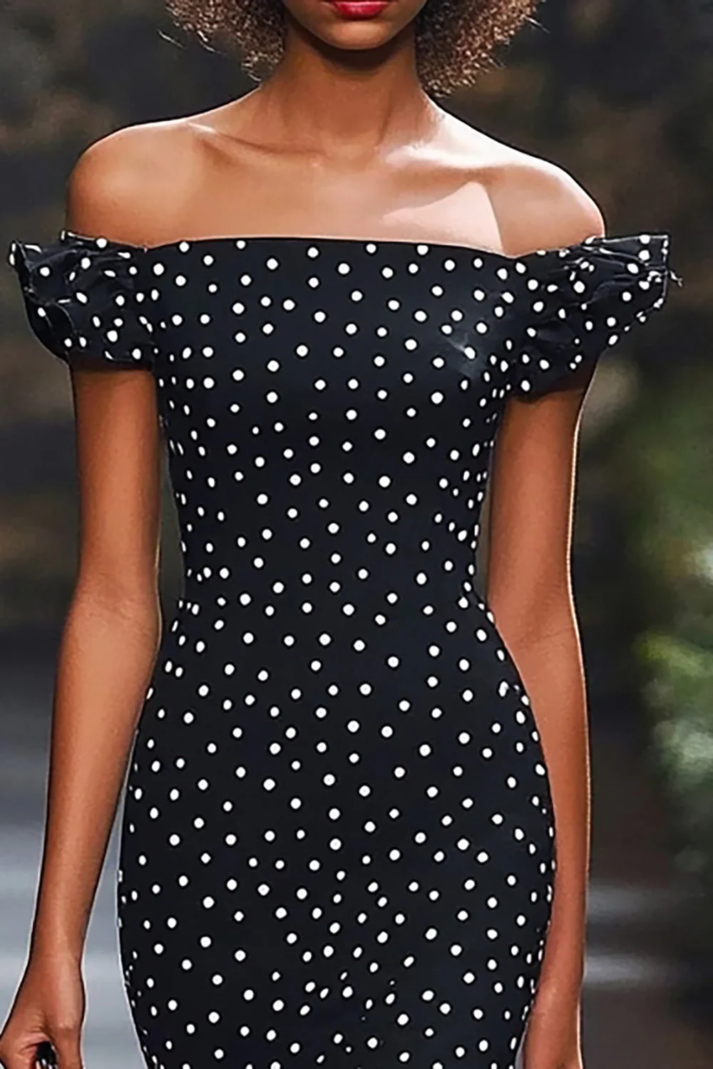 Mermaid Off The Shoulder Black White Polka Dots Dress - Image 2