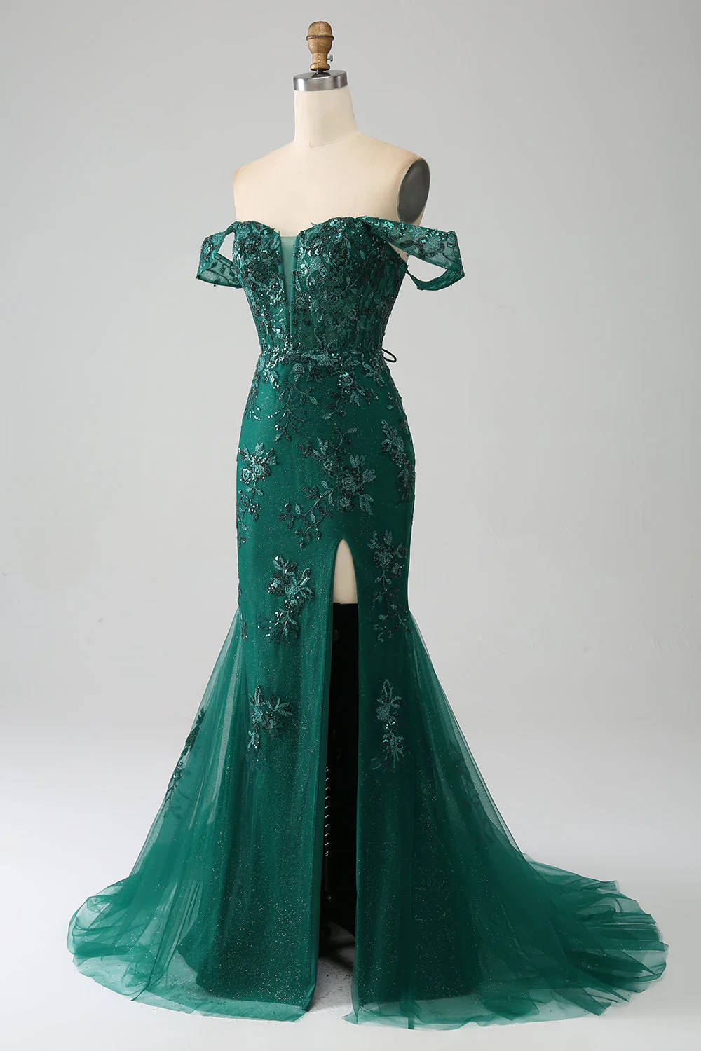 Mermaid Off The Shoulder Dark Green Prom Dress with Appliques - Image 3