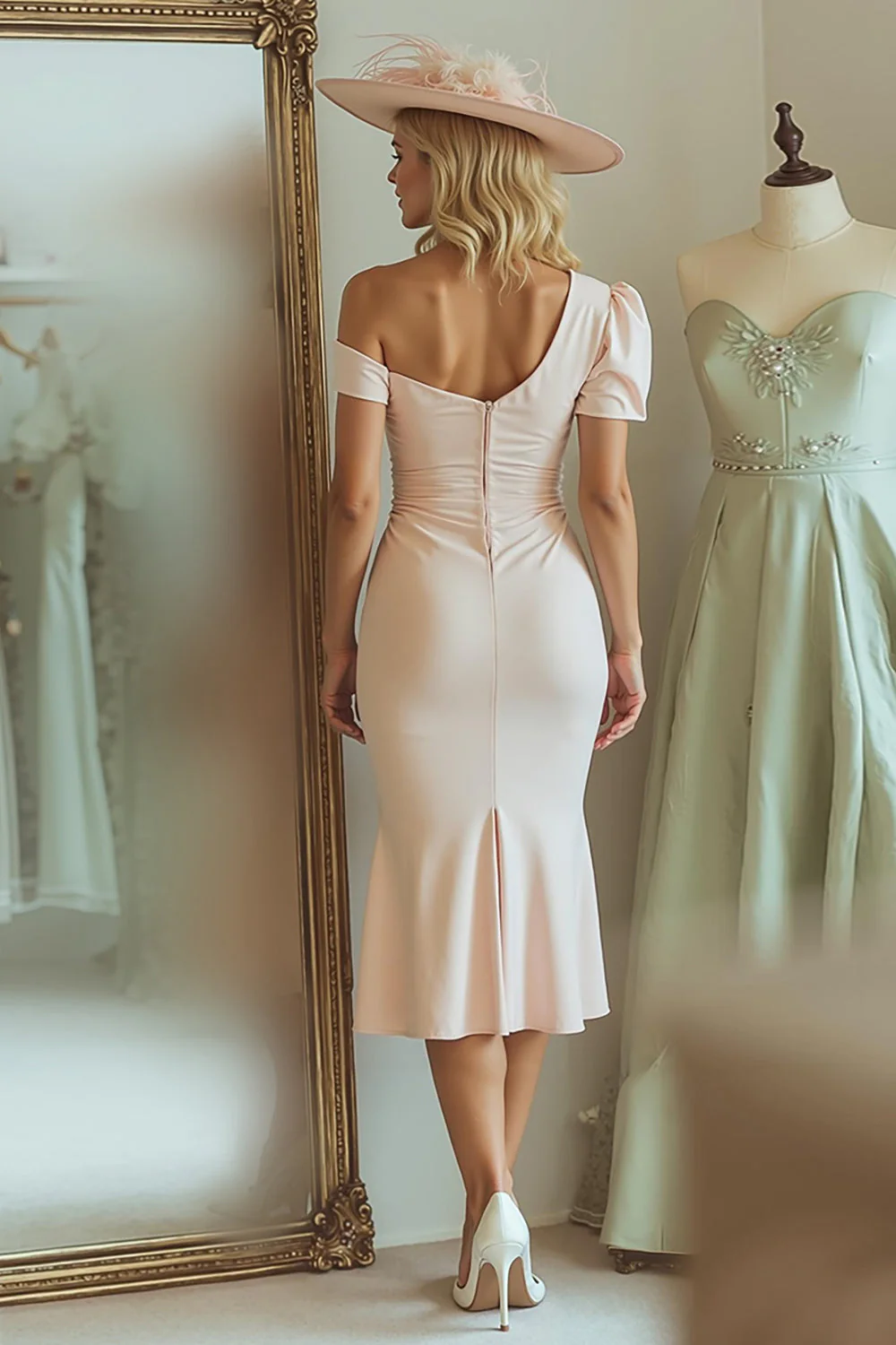 Mermaid One Shoulder Candy Pink Midi Mother Of The Bride Dress - Image 2