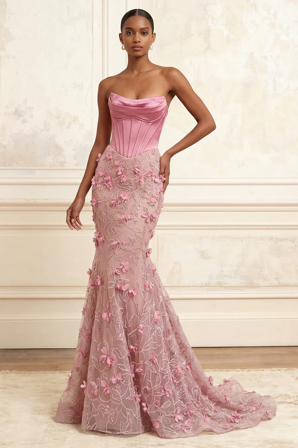 Pink Strapless Basque Waist Corset Mermaid Ruched Long Prom Dress with 3D Flowers