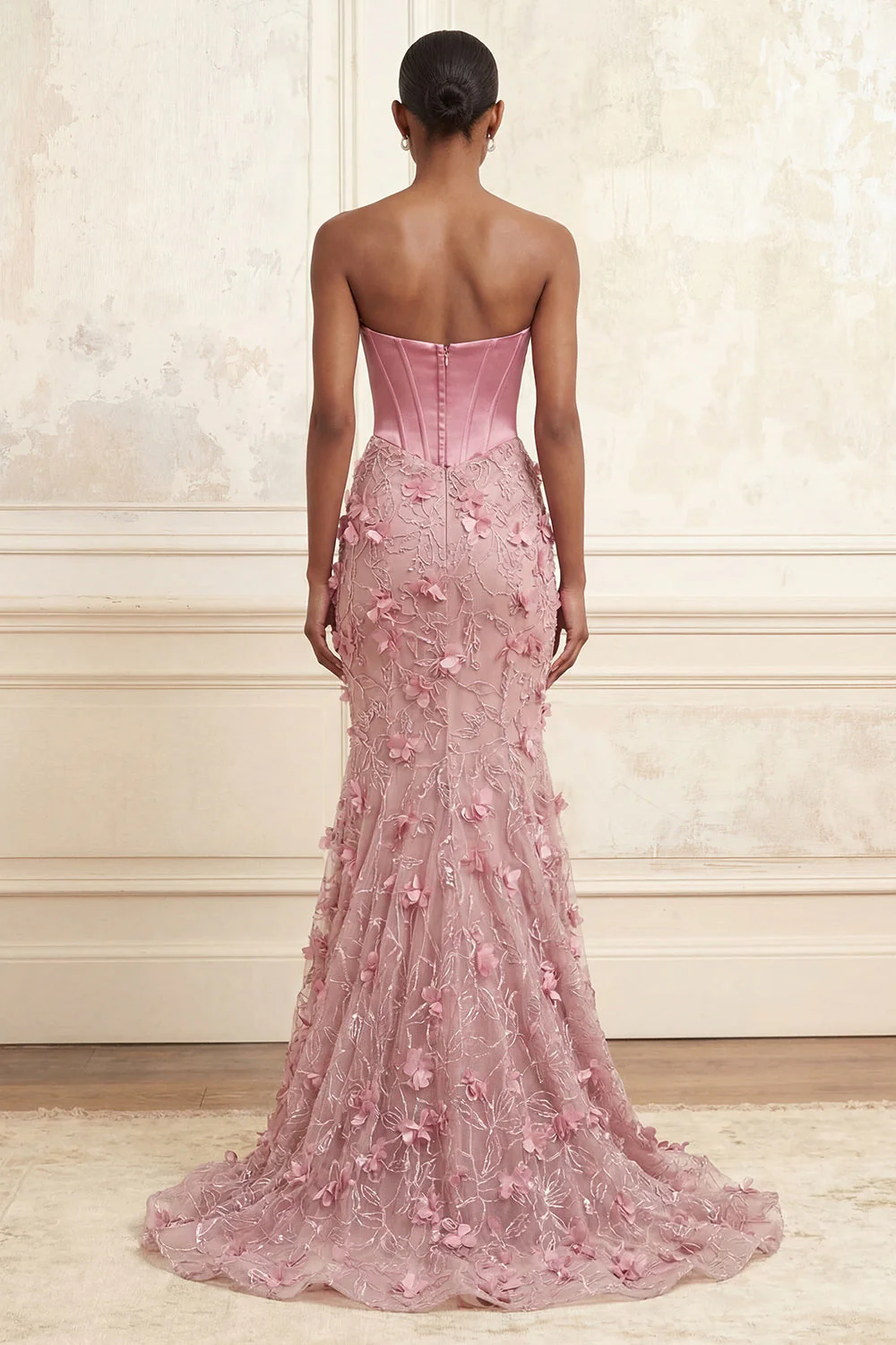 Pink Strapless Basque Waist Corset Mermaid Ruched Long Prom Dress with 3D Flowers - Image 2