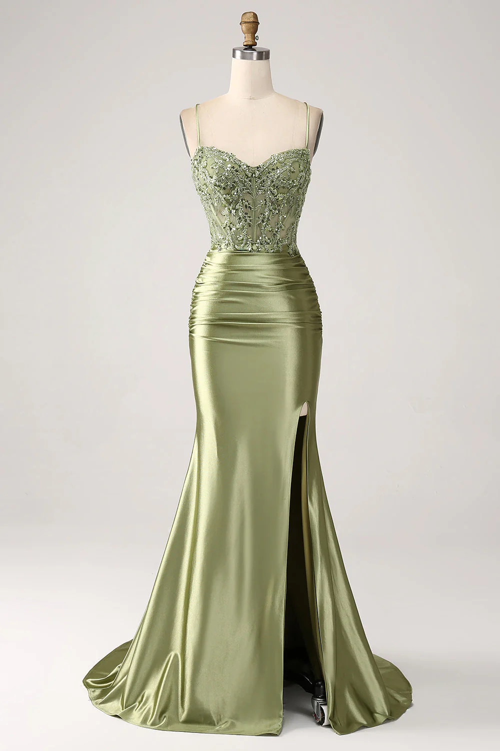 Mermaid Sage Spaghetti Straps Slit Prom Dress With Lace-up Back - Image 3
