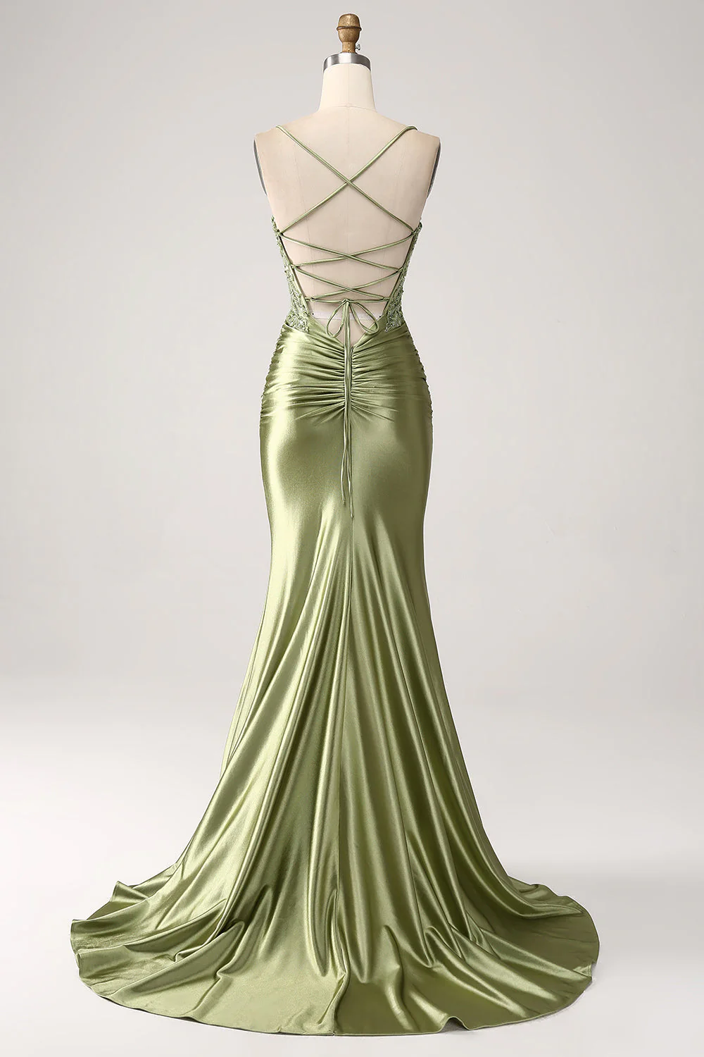 Mermaid Sage Spaghetti Straps Slit Prom Dress With Lace-up Back - Image 4