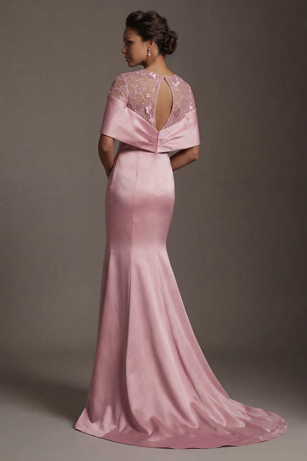 Mermaid Pink Satin Round Neck Long Mother Of the Bride Dress - Image 2