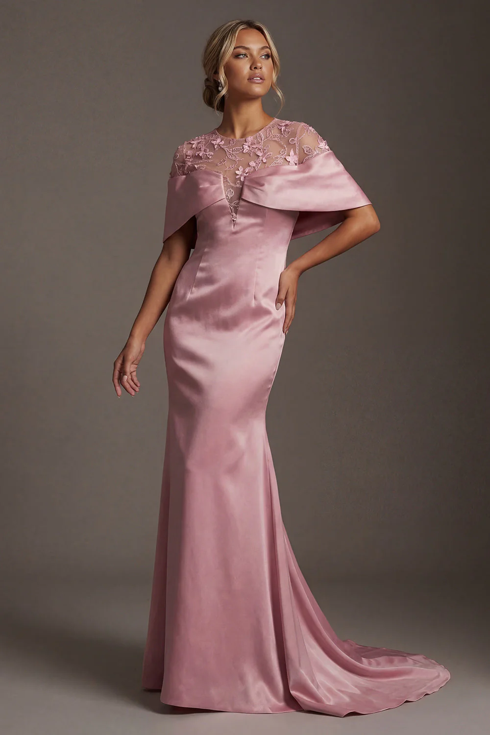 Mermaid Pink Satin Round Neck Long Mother Of the Bride Dress - Image 3