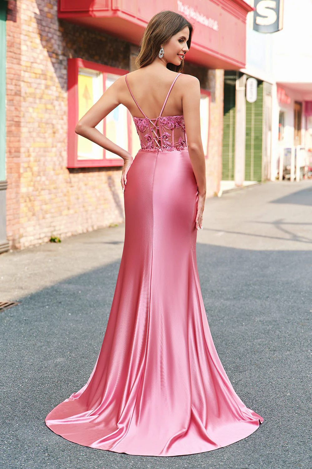 Mermaid Satin Sequined Corset Coral Long Prom Dress with Slit - Image 2