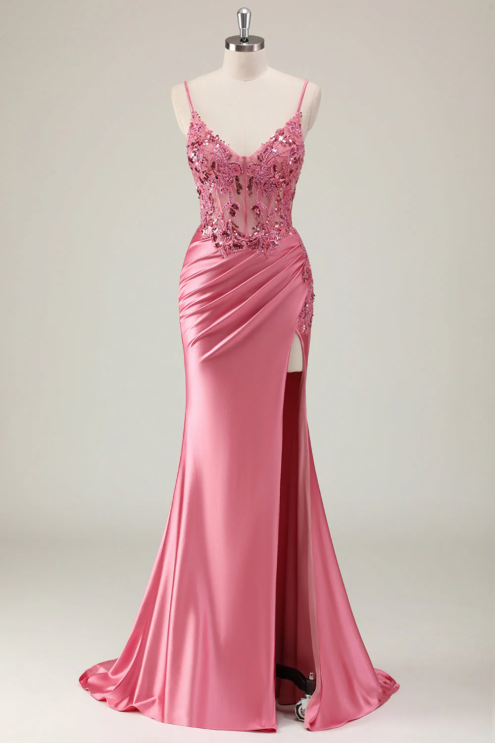 Mermaid Satin Sequined Corset Coral Long Prom Dress with Slit - Image 3