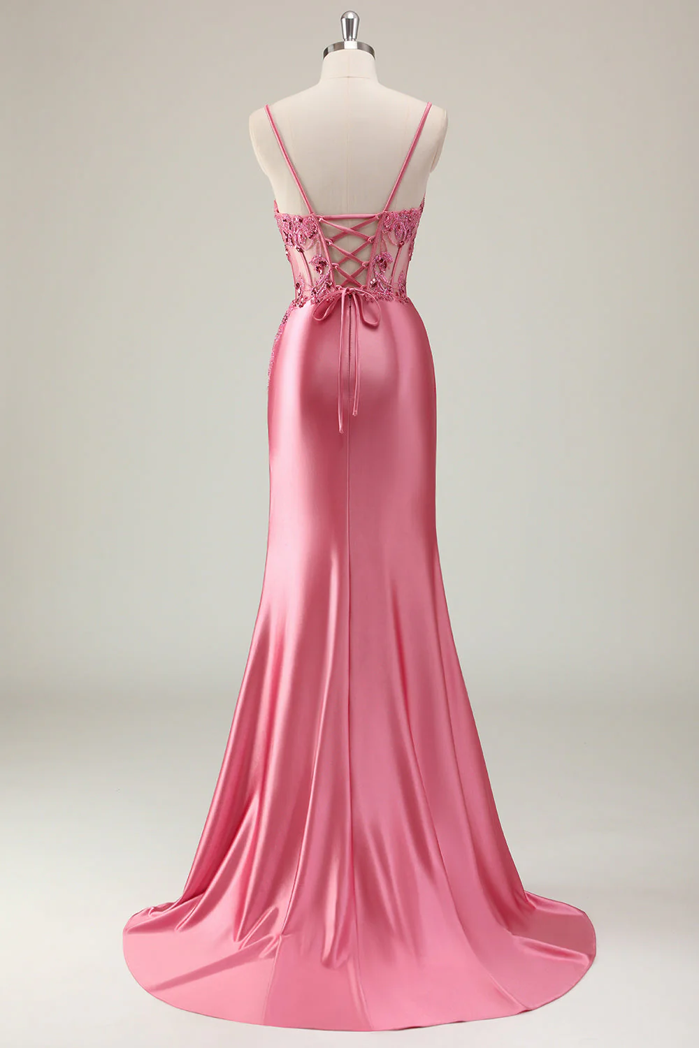 Mermaid Satin Sequined Corset Coral Long Prom Dress with Slit - Image 4