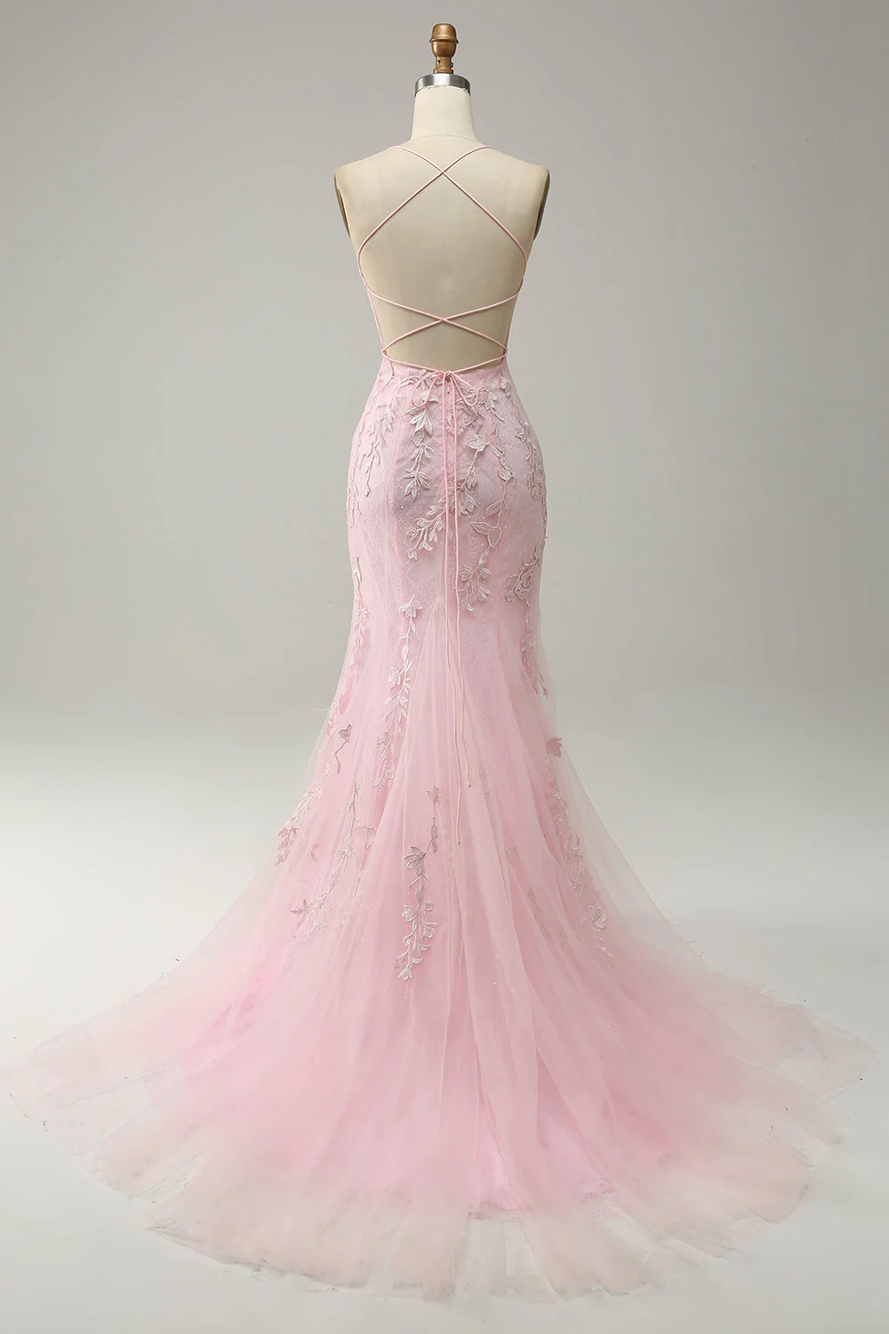 Mermaid Spaghetti Straps Light Pink Long Prom Dress with Appliques - Image 2