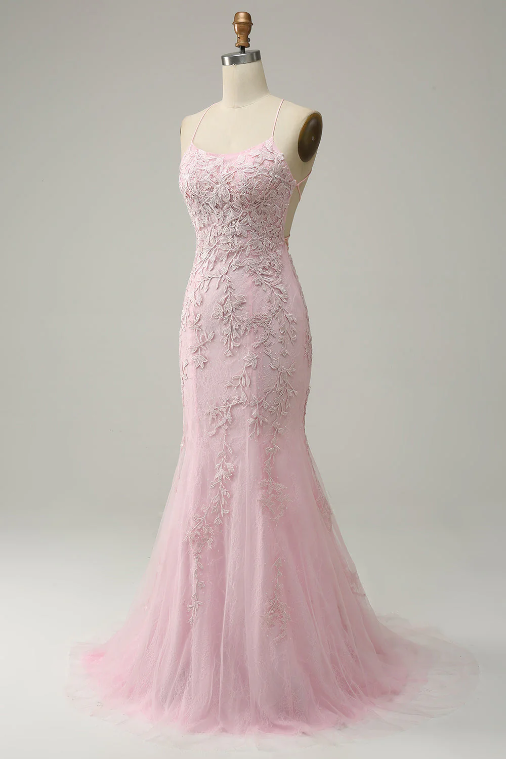 Mermaid Spaghetti Straps Light Pink Long Prom Dress with Appliques - Image 3