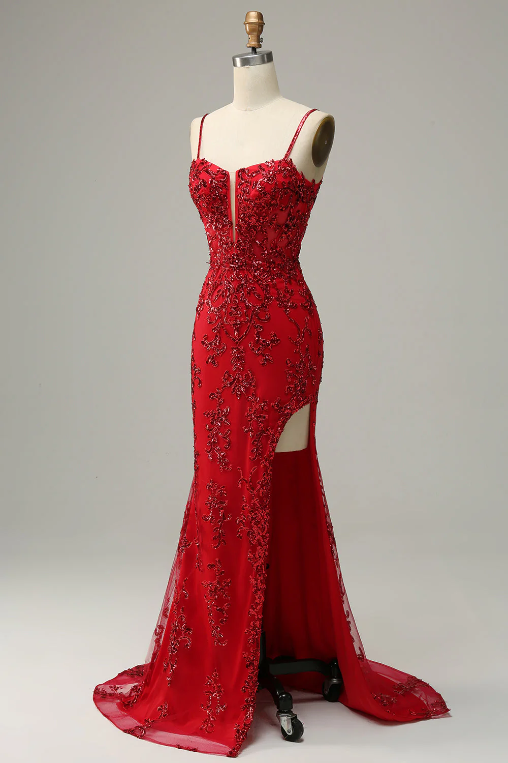 Mermaid Spaghetti Straps Red Sequins Long Prom Dress with Split Front - Image 3