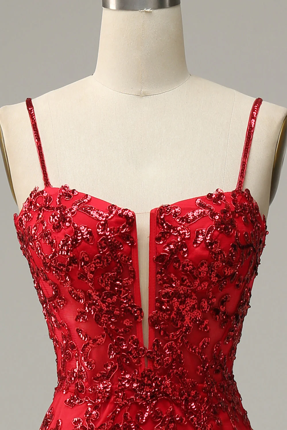 Mermaid Spaghetti Straps Red Sequins Long Prom Dress with Split Front - Image 4