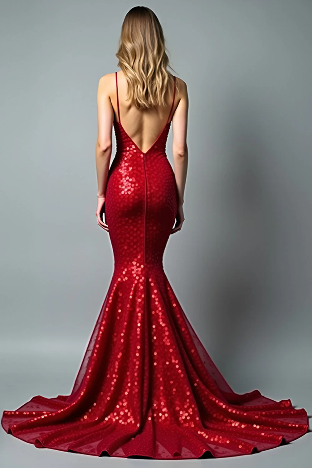 Mermaid Sparkly Red Spaghetti Straps Long Prom Dress - Image 2