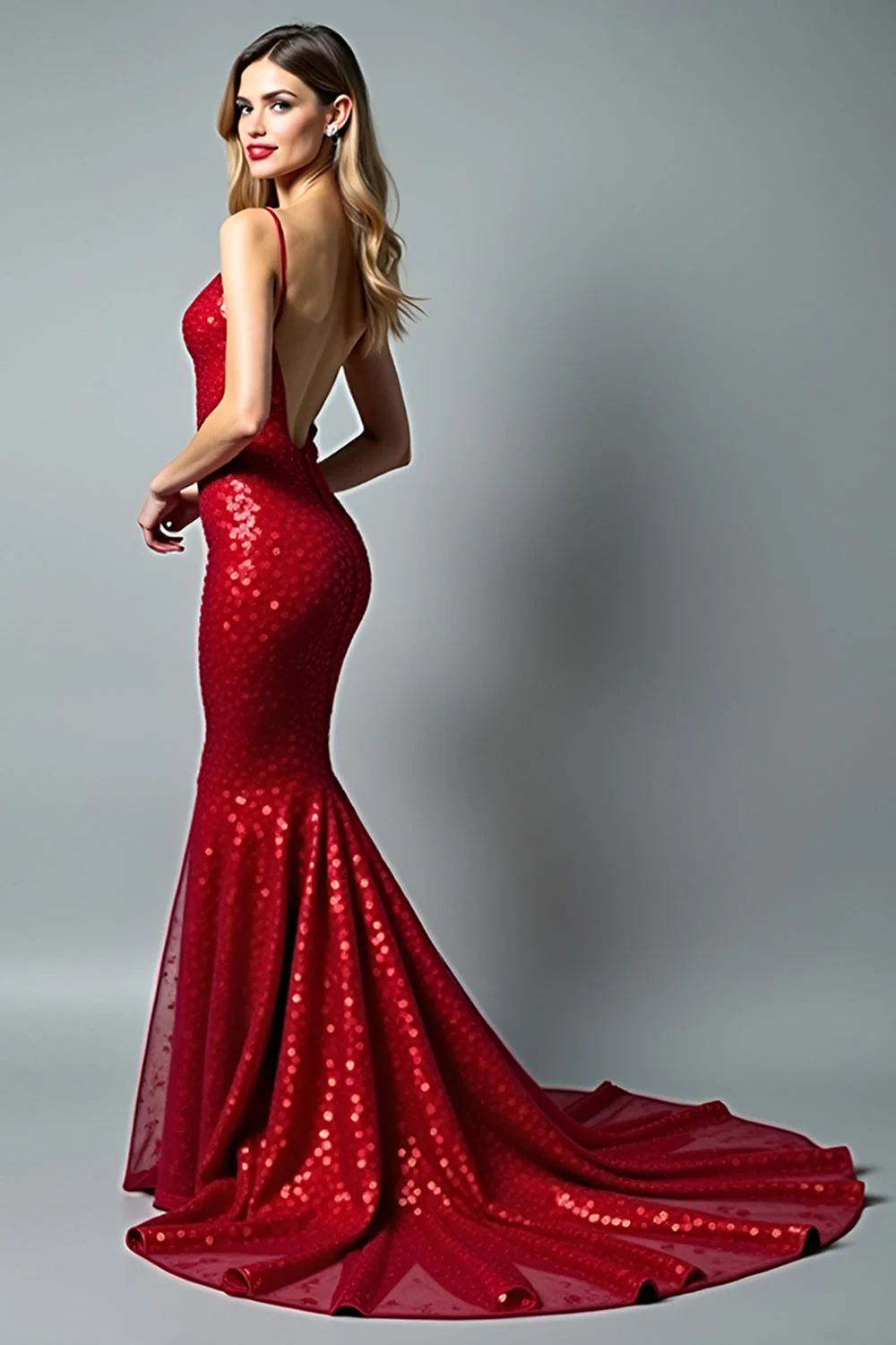 Mermaid Sparkly Red Spaghetti Straps Long Prom Dress - Image 3