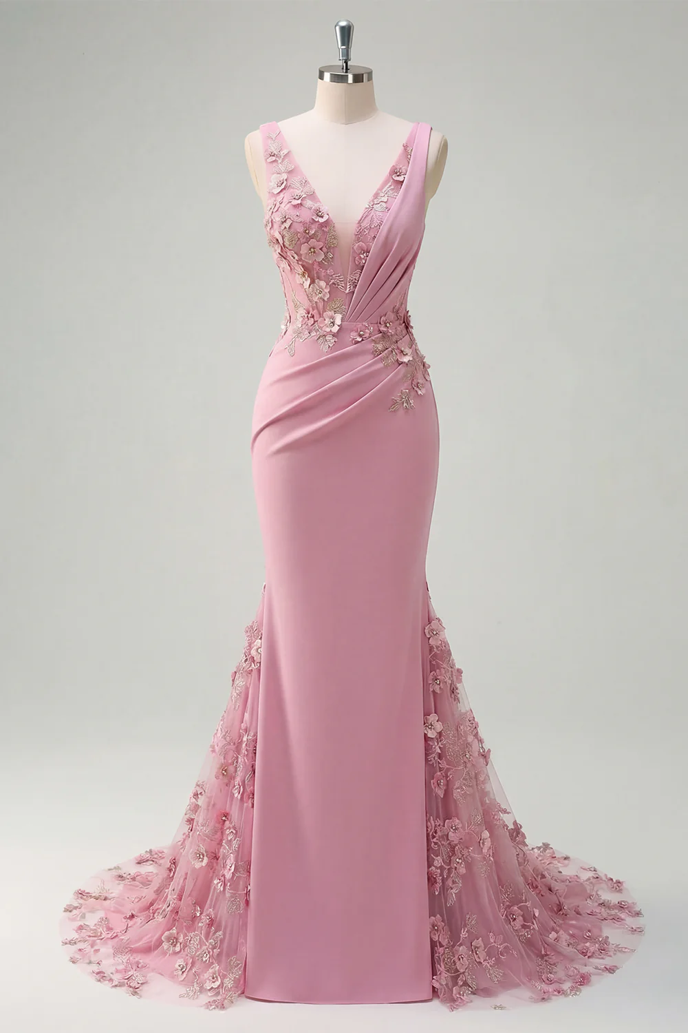 Mermaid Taro Ruched V-Neck Long Prom Dress with 3D Flowers - Image 3