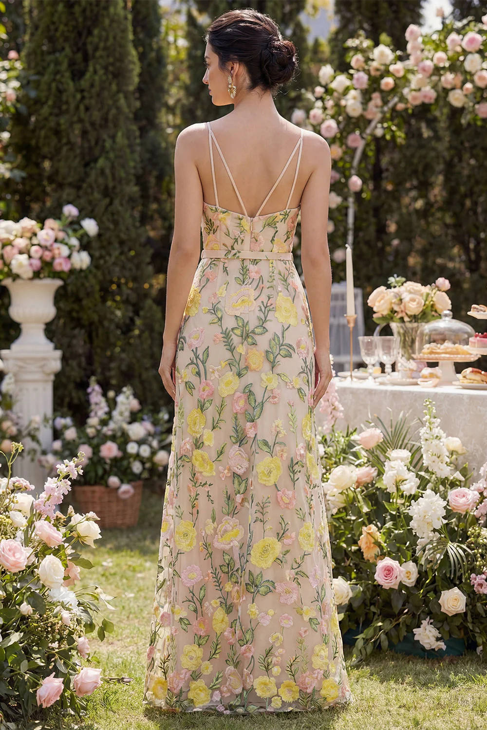 Mermaid Tulle Champagne Embroidered Long Floral Dress with Slit - Image 2