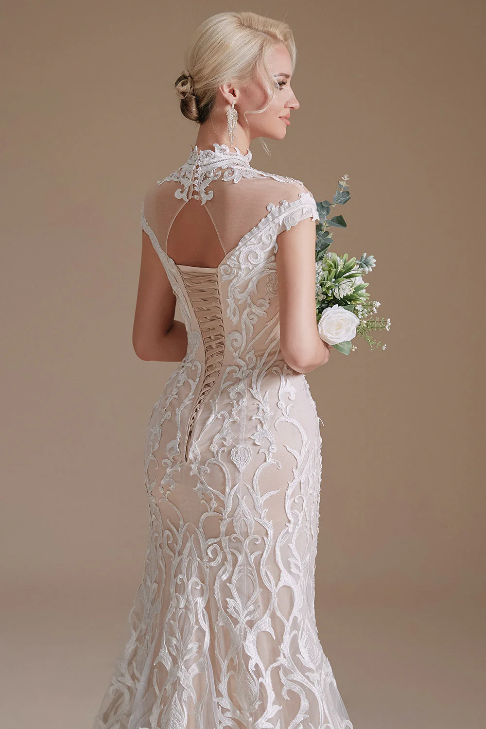 Mermaid White Lace Open Back Wedding Dress - Image 4