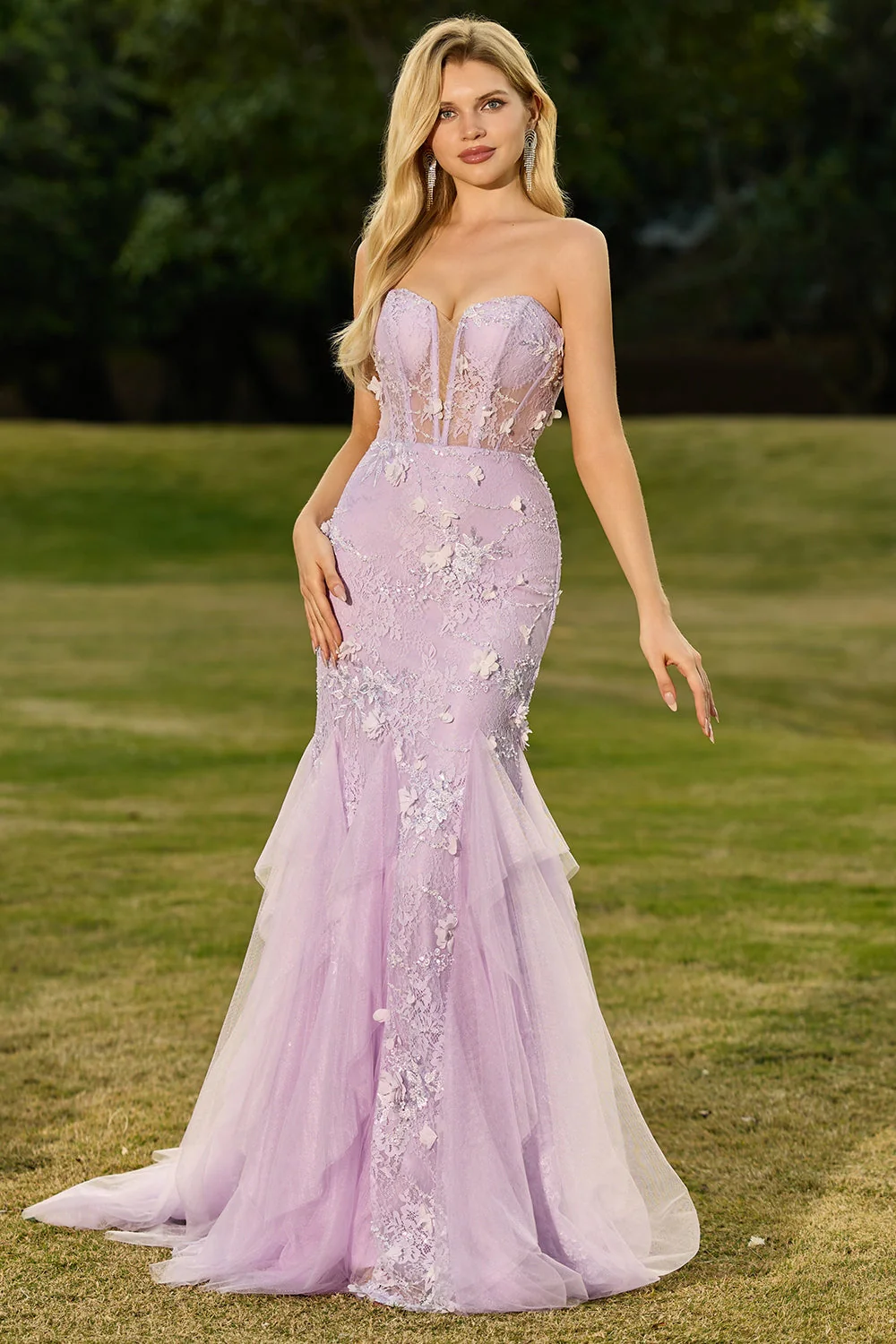 Mermaid Yellow Strapless Corset Lace Long Prom Dress with 3D Flowers - Image 11
