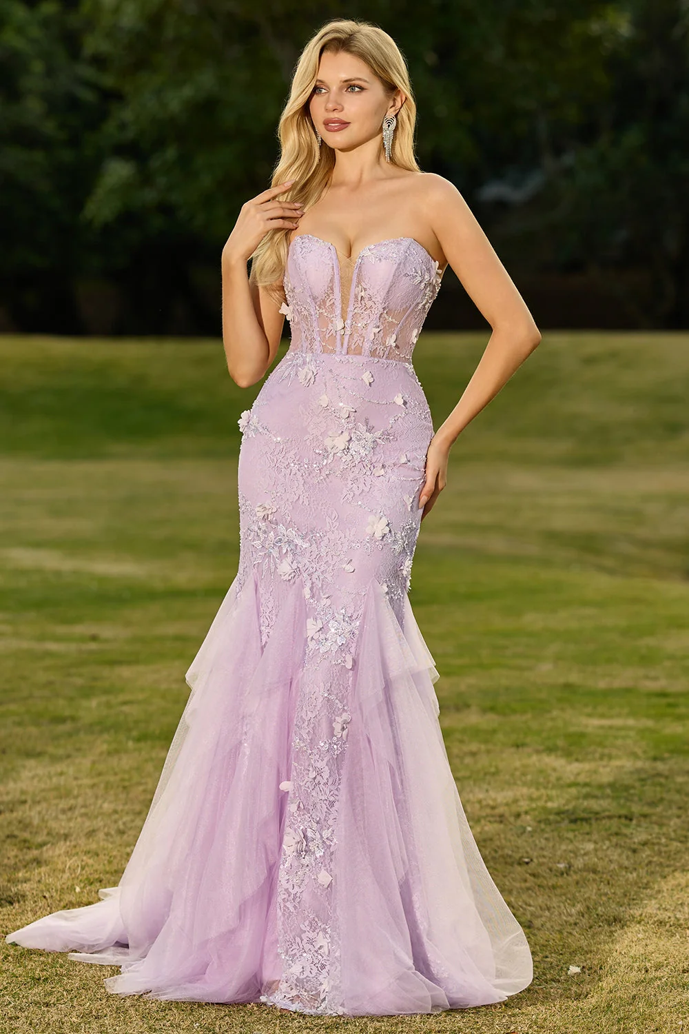 Mermaid Yellow Strapless Corset Lace Long Prom Dress with 3D Flowers - Image 12