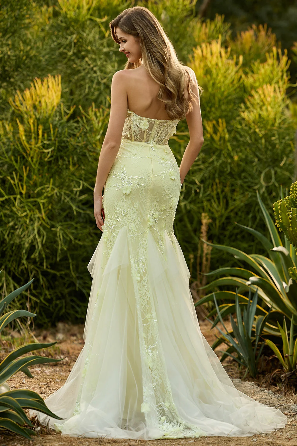 Mermaid Yellow Strapless Corset Lace Long Prom Dress with 3D Flowers - Image 2