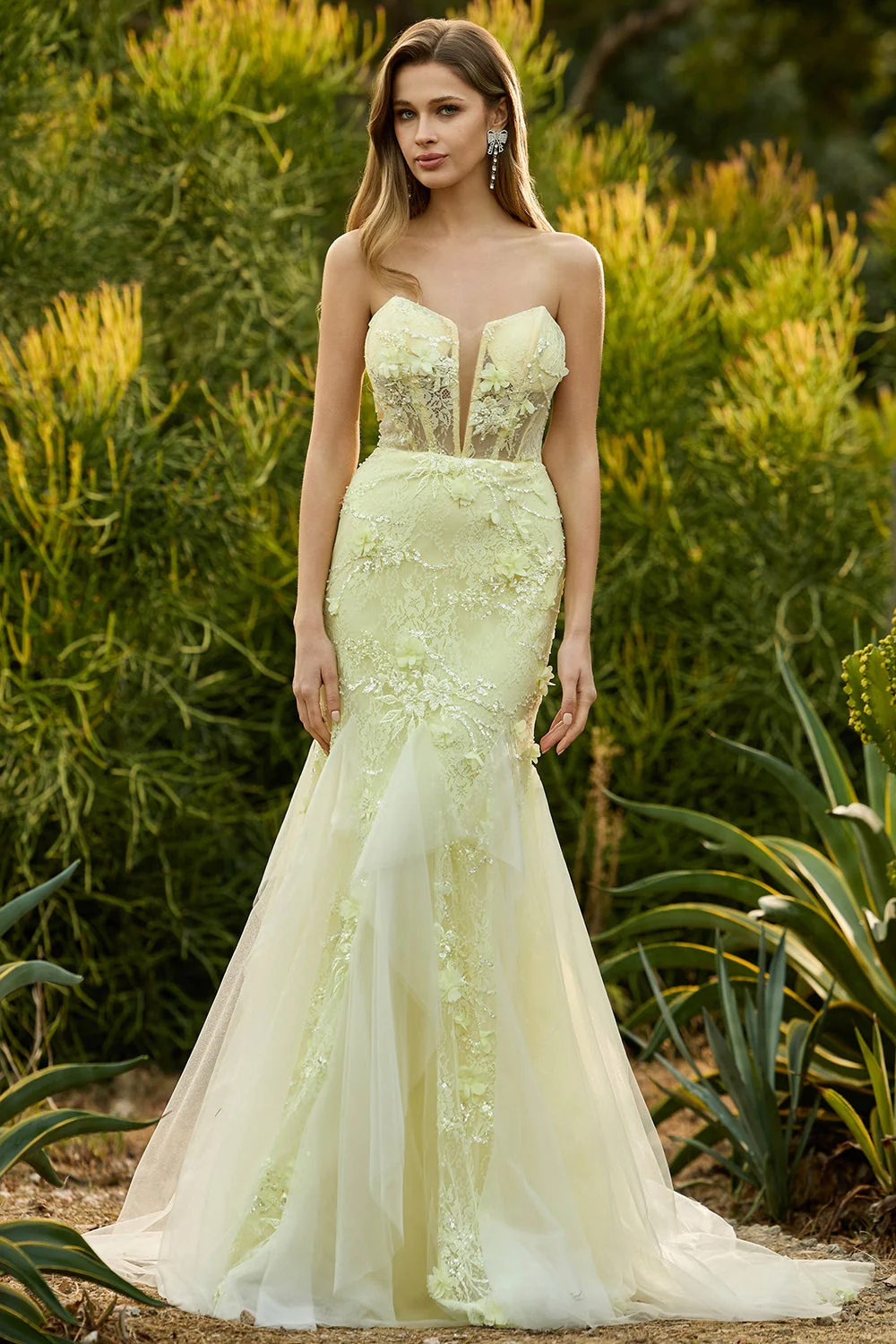 Mermaid Yellow Strapless Corset Lace Long Prom Dress with 3D Flowers - Image 3