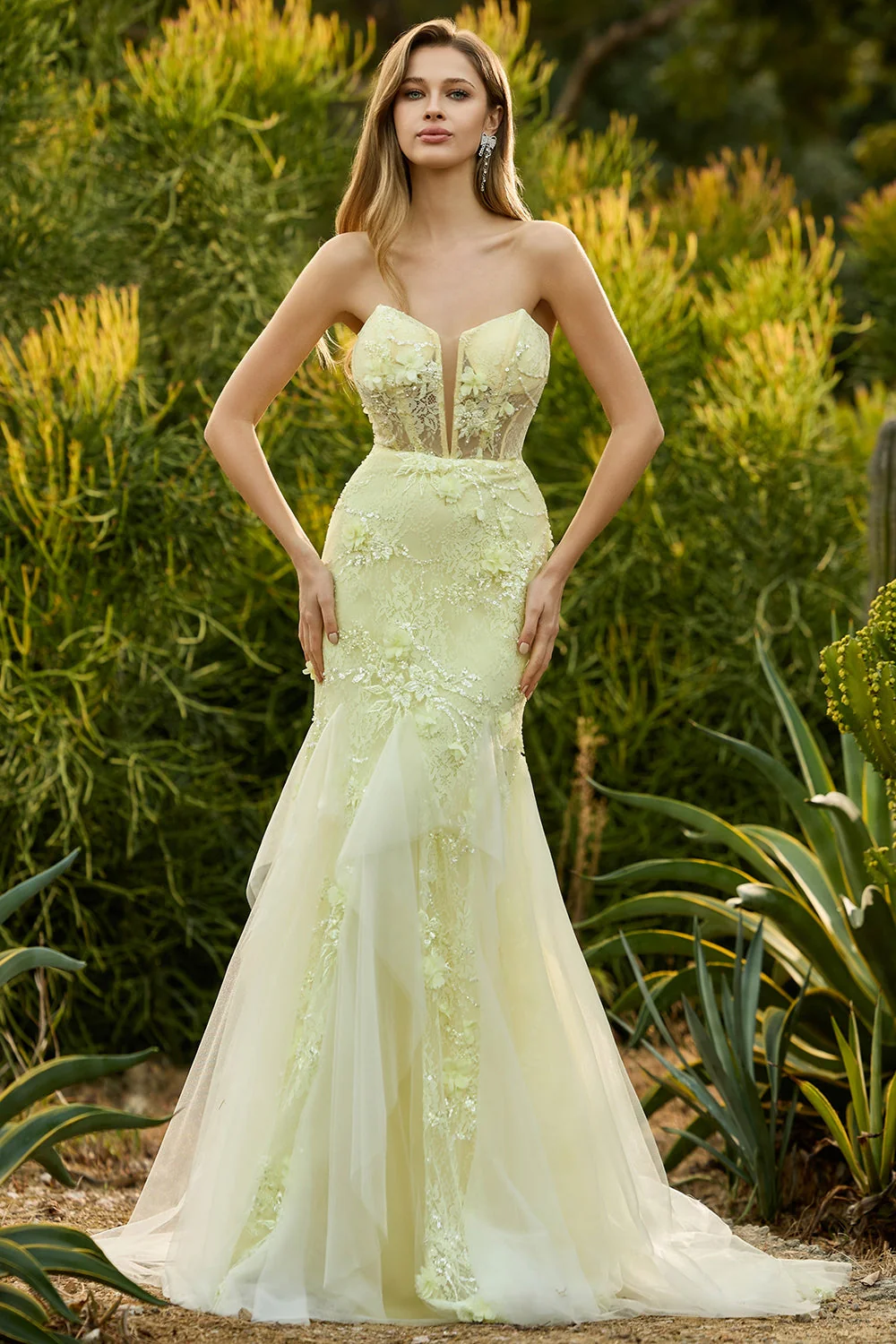 Mermaid Yellow Strapless Corset Lace Long Prom Dress with 3D Flowers - Image 4