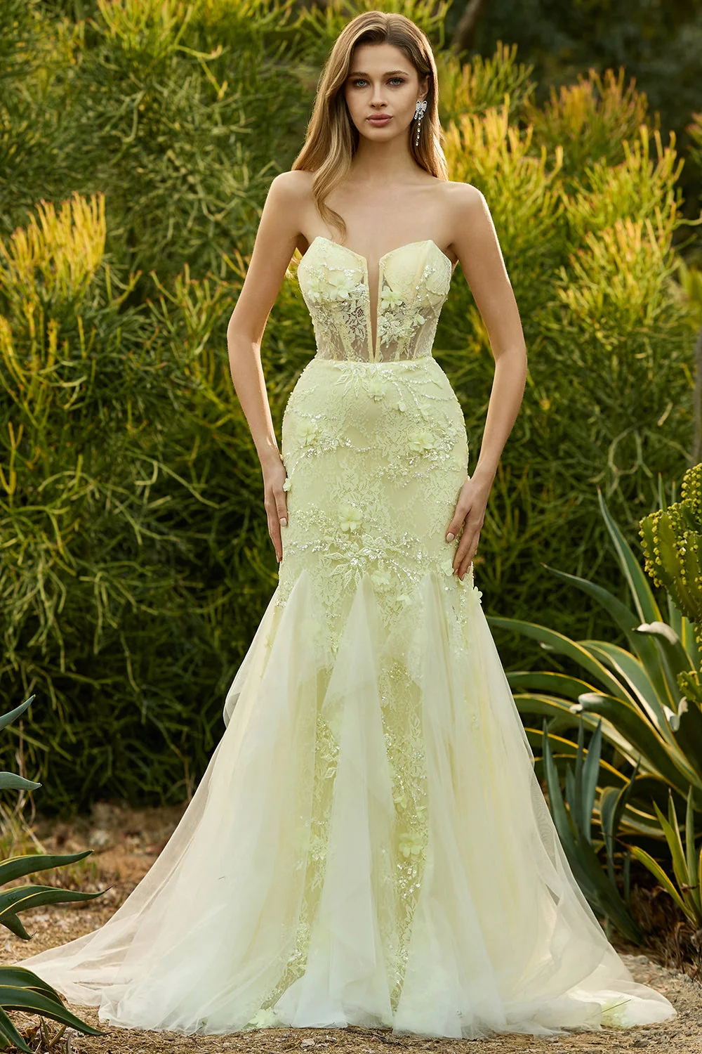 Mermaid Yellow Strapless Corset Lace Long Prom Dress with 3D Flowers - Image 6