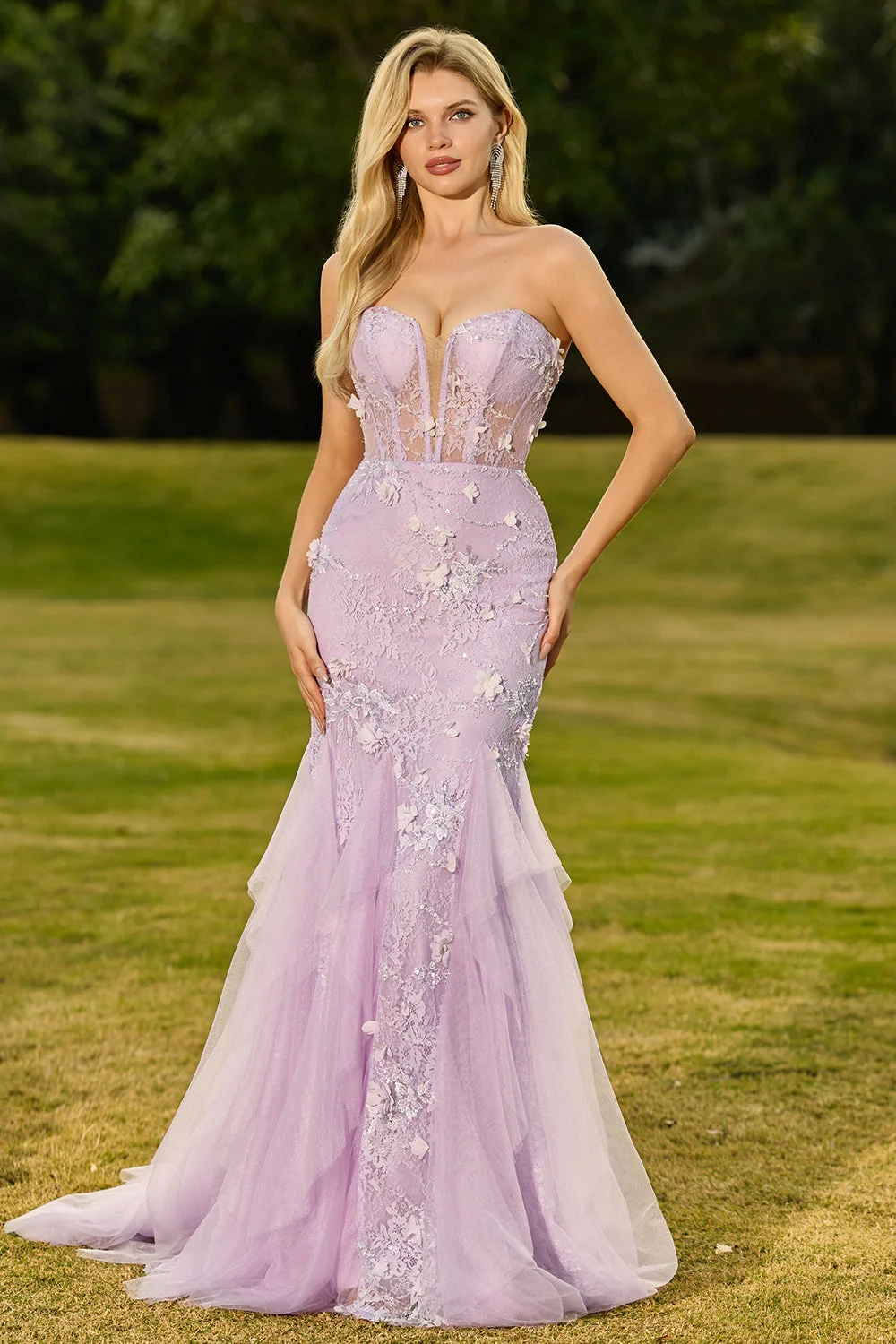 Mermaid Yellow Strapless Corset Lace Long Prom Dress with 3D Flowers - Image 7