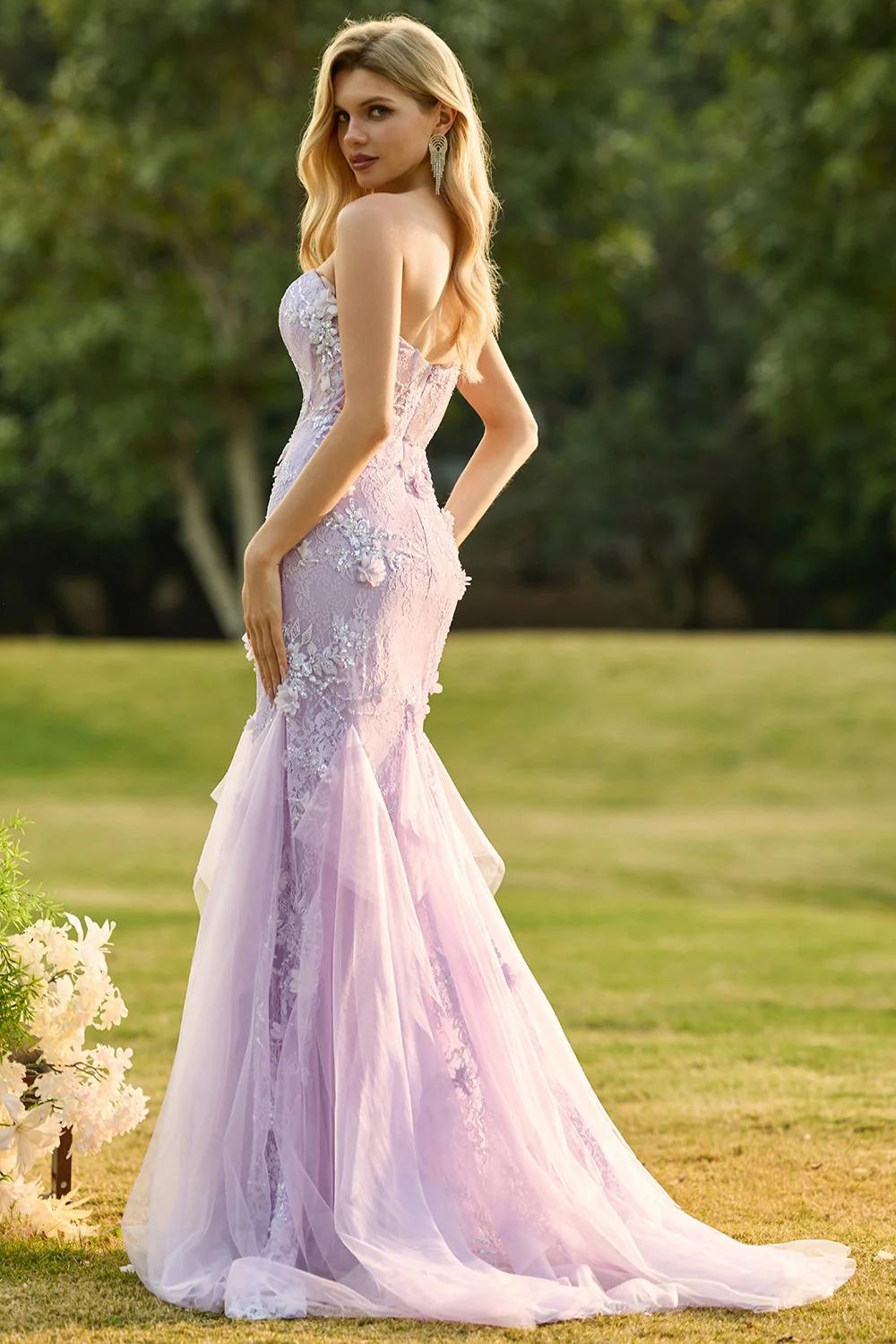 Mermaid Yellow Strapless Corset Lace Long Prom Dress with 3D Flowers - Image 8