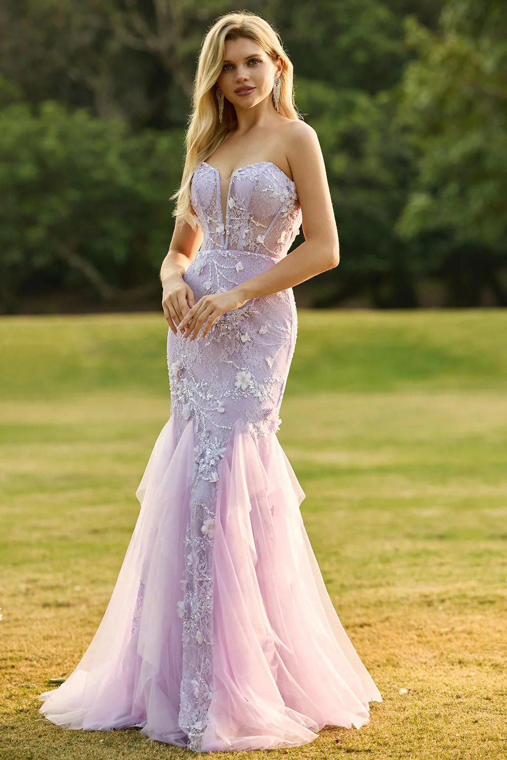 Mermaid Yellow Strapless Corset Lace Long Prom Dress with 3D Flowers - Image 9