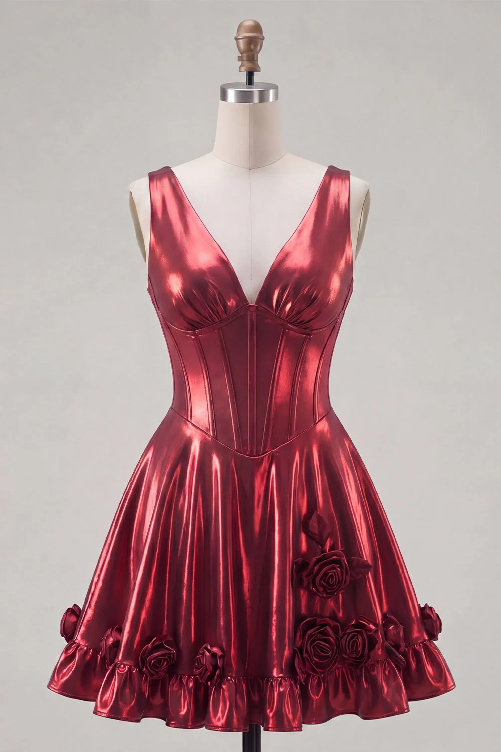 Metallic Burgundy A-Line V-Neck Corset Party Dress with 3D Flowers