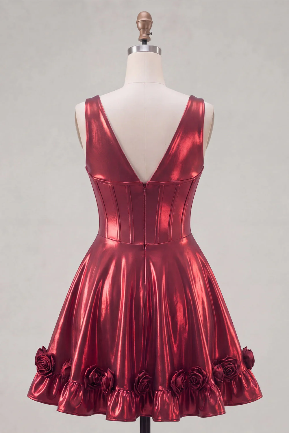 Metallic Burgundy A-Line V-Neck Corset Party Dress with 3D Flowers - Image 2