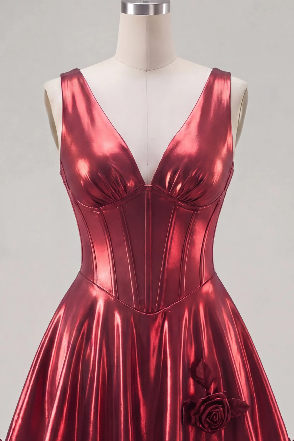 Metallic Burgundy A-Line V-Neck Corset Party Dress with 3D Flowers - Image 5