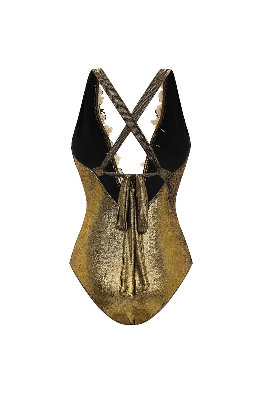 Metallic Golden 2 Piece V-Neck 3D Flowers Swimsuit with Beach Dress - Image 3