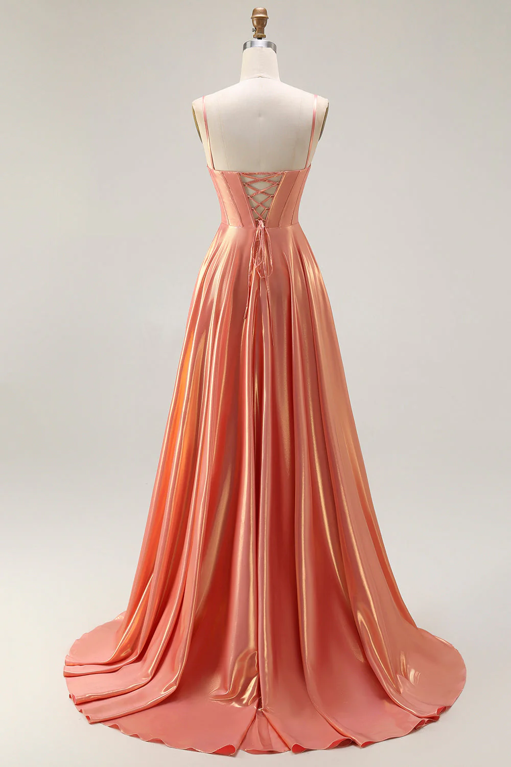 Metallic Orange A Line Corset Beaded Long Prom Dress with Lace Up Back - Image 2