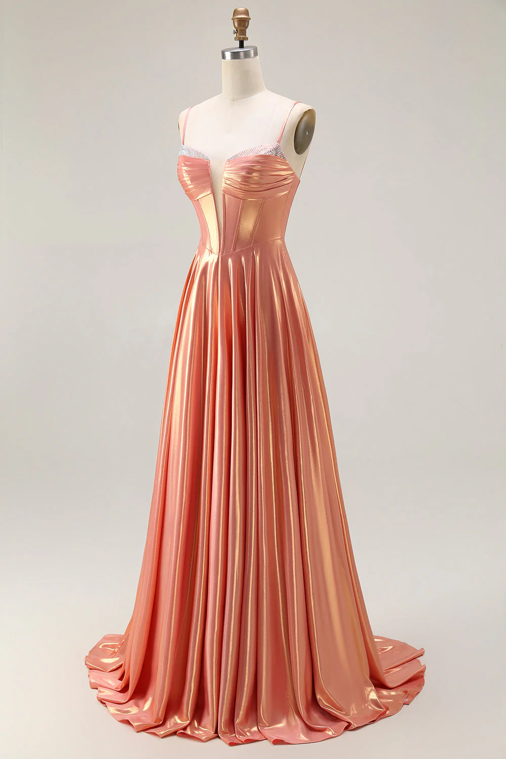 Metallic Orange A Line Corset Beaded Long Prom Dress with Lace Up Back - Image 3