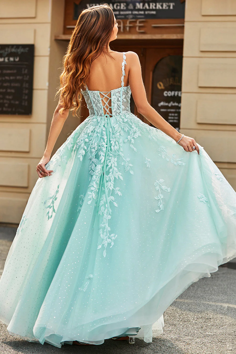 Mint Ball-Gown Detachable Sleeves Beaded Prom Dresses With Appliques - Image 2