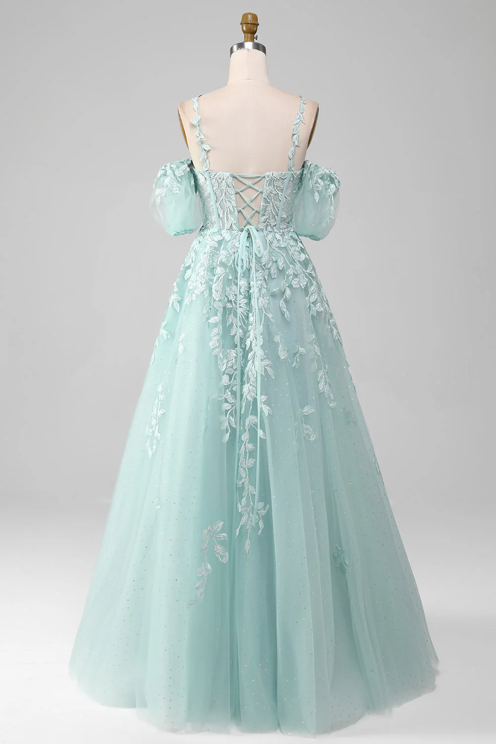 Mint Ball-Gown Off The Shoulder Beaded Prom Dresses With Appliques - Image 2