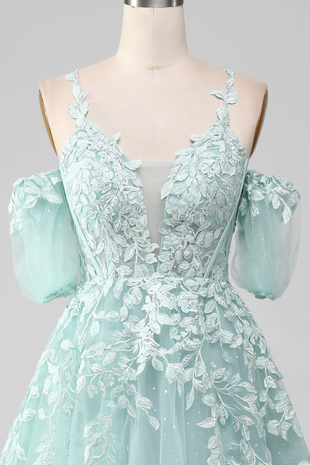 Mint Ball-Gown Off The Shoulder Beaded Prom Dresses With Appliques - Image 4