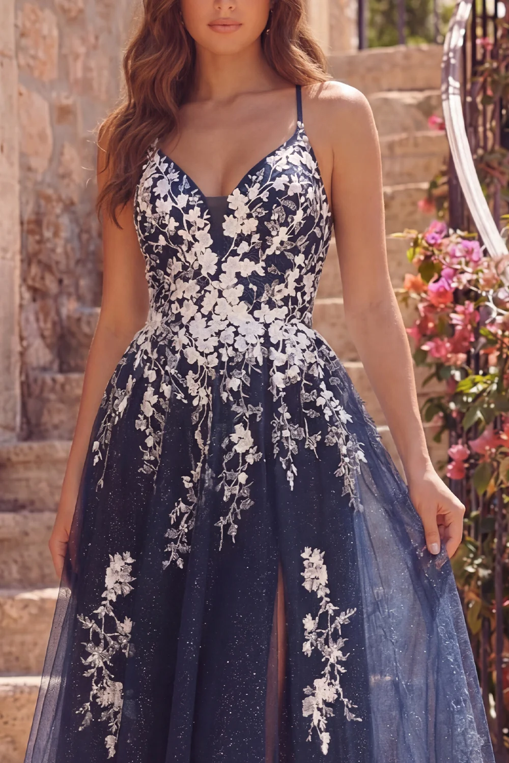Navy A Line Floral Spaghetti Straps Tulle Prom Dress with Slit - Image 3