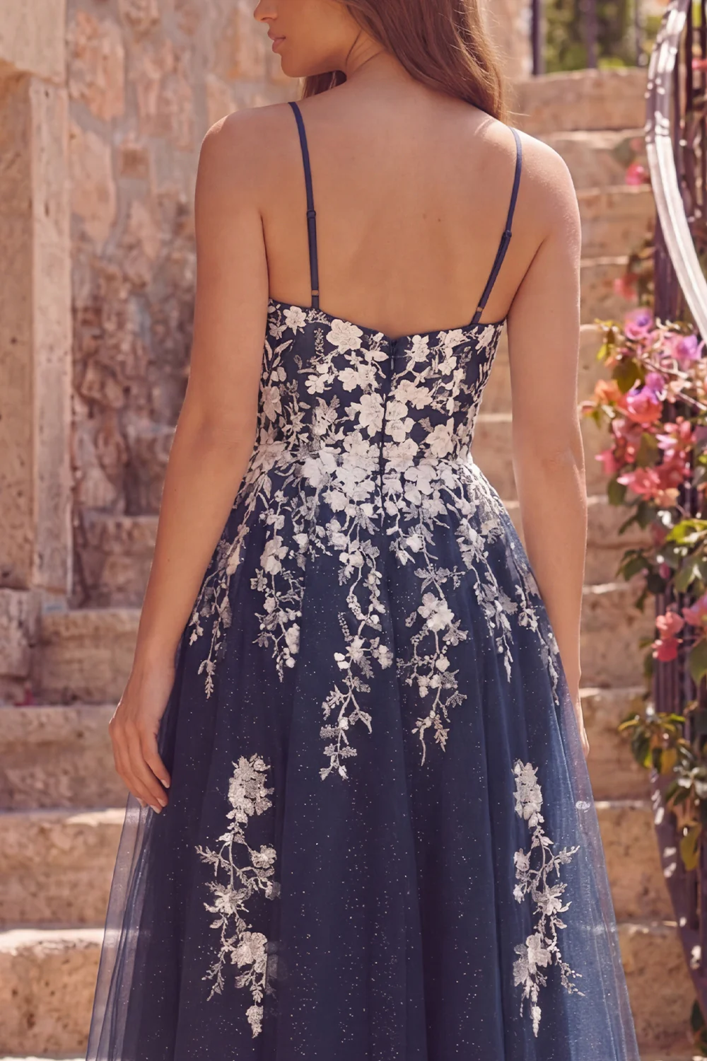 Navy A Line Floral Spaghetti Straps Tulle Prom Dress with Slit - Image 4