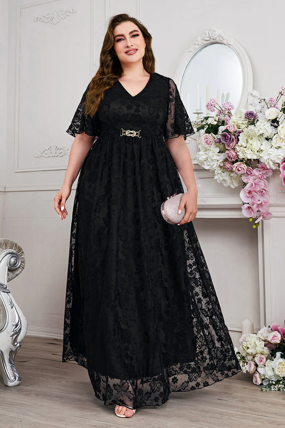 Navy A-Line Lace V-Neck Short Sleeves Long Mother of the Bride Dress - Image 10
