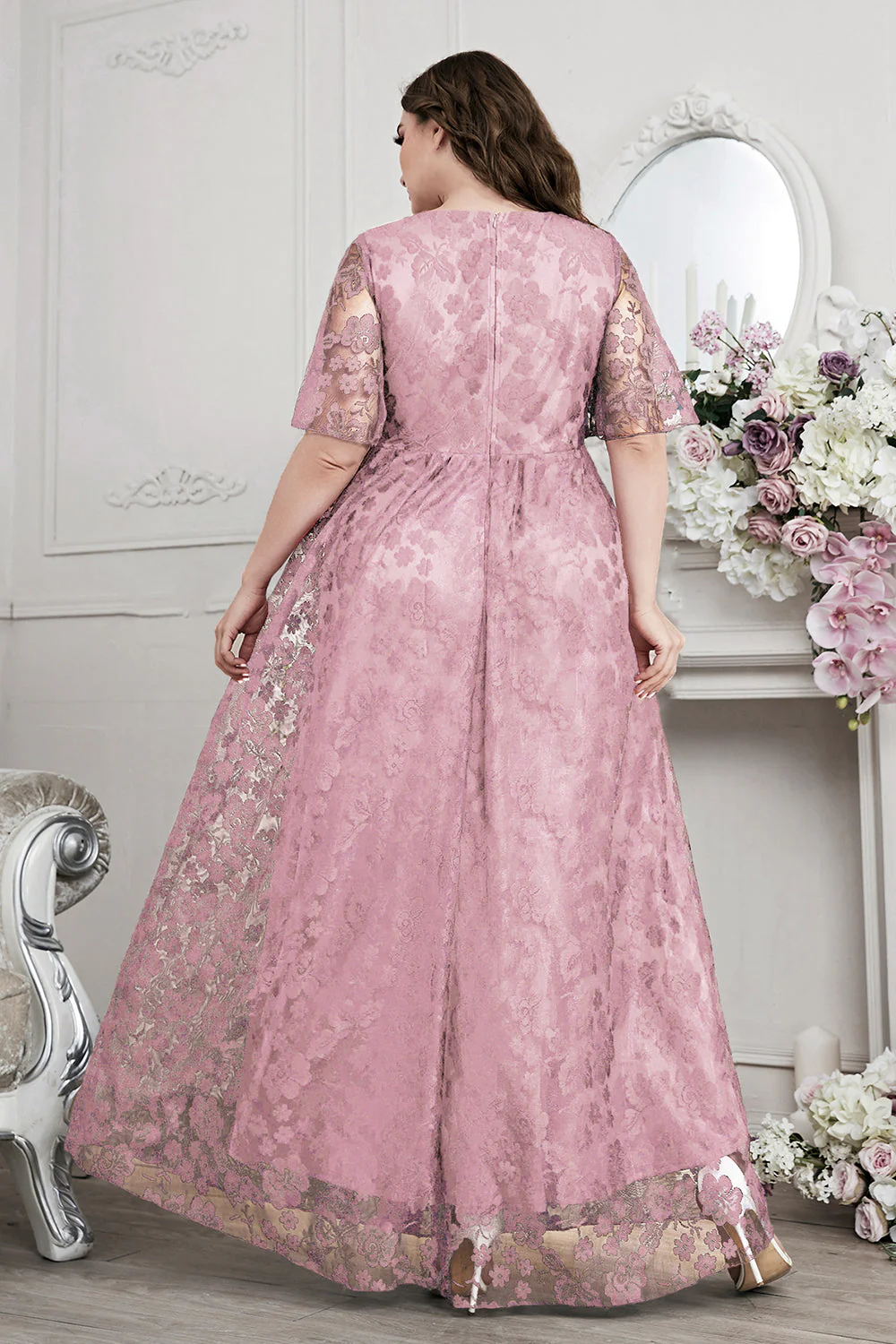 Navy A-Line Lace V-Neck Short Sleeves Long Mother of the Bride Dress - Image 12
